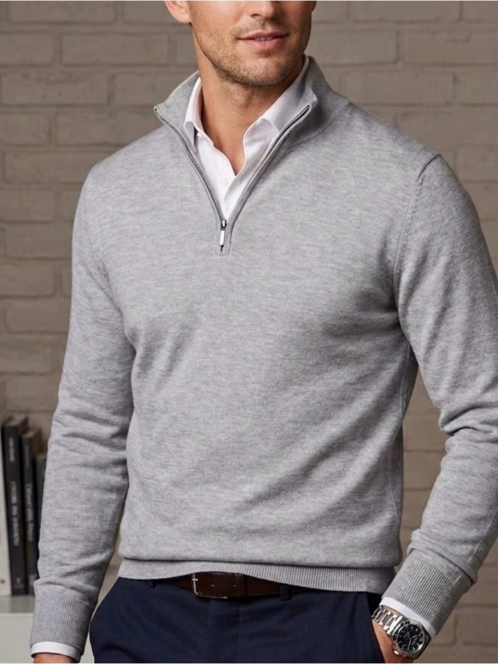 Suitsupply Light Gray Zip-Front Mock Collar Sweater - Picture 1 of 7
